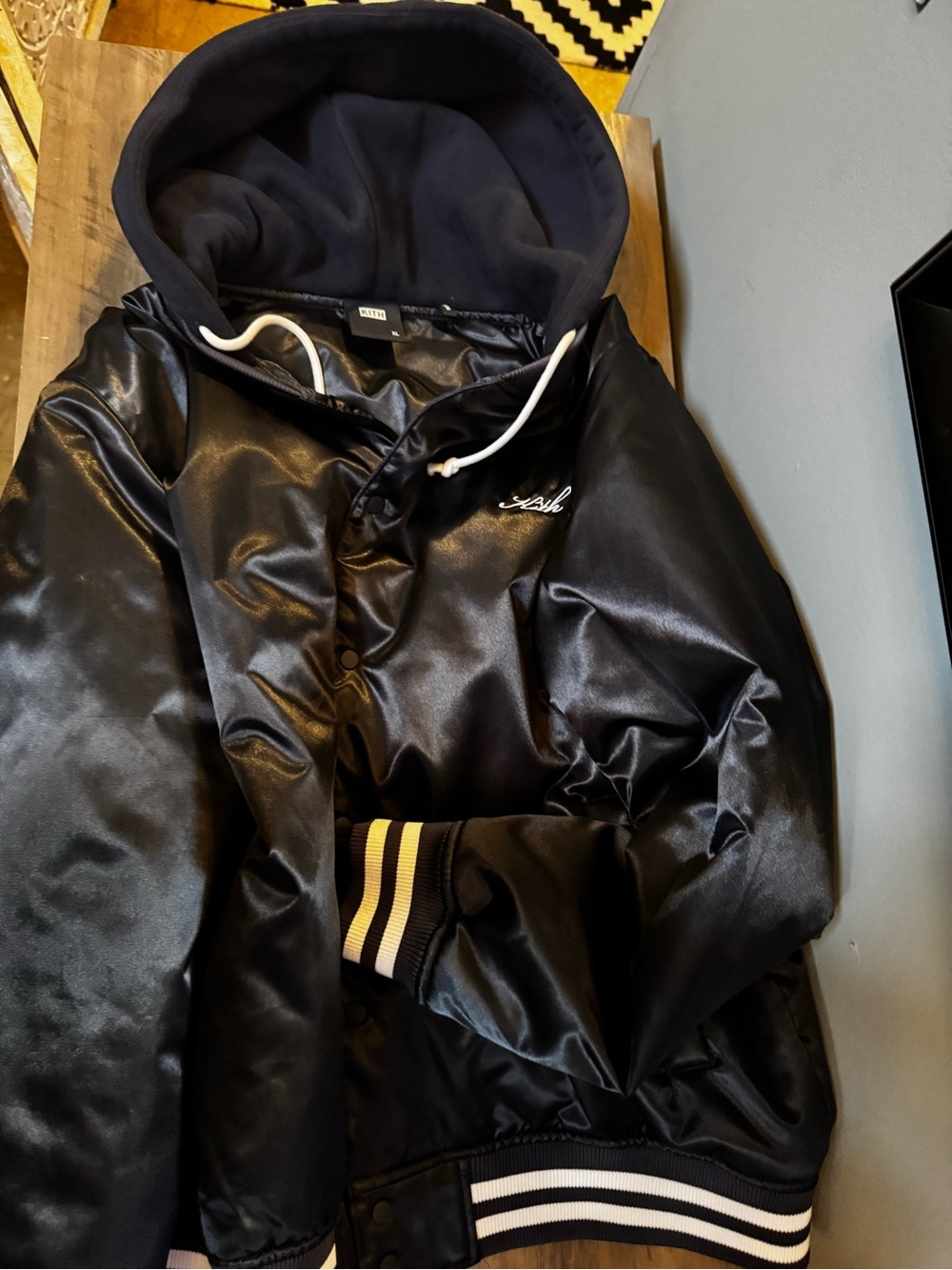 Kith Black Hooded Bomber Jacket with White Stripe Trim - Picture 3 of 9